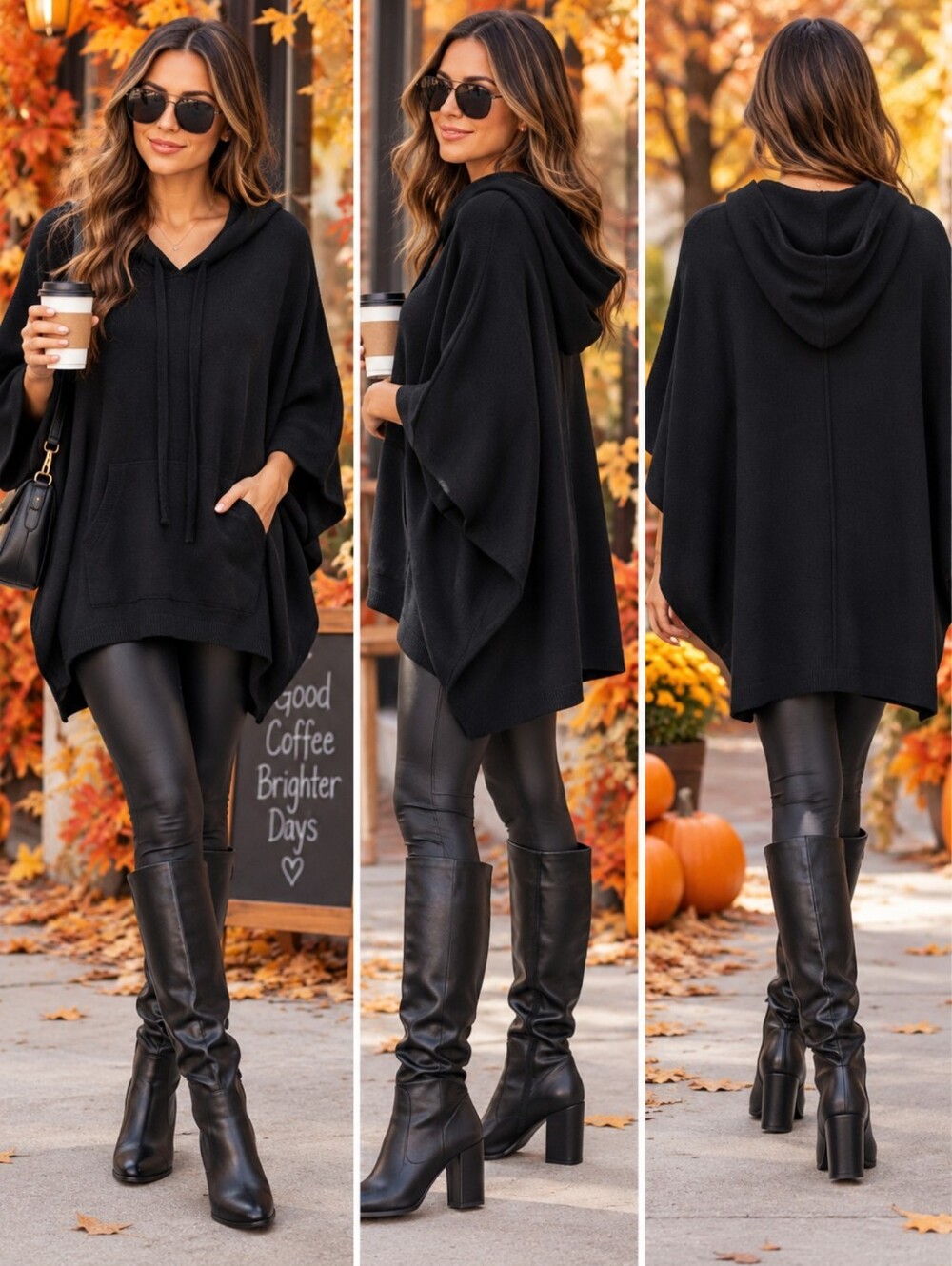 REMAIN Black Oversized Hooded Poncho Sweater Cape Knit Hoodie Small